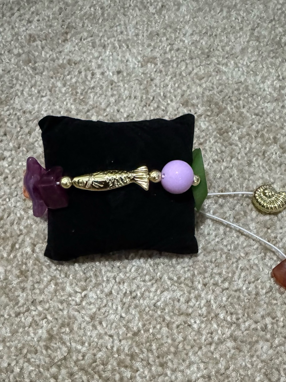 Gold-Tone Fish Charm Bracelet with Lavender and Green Beads